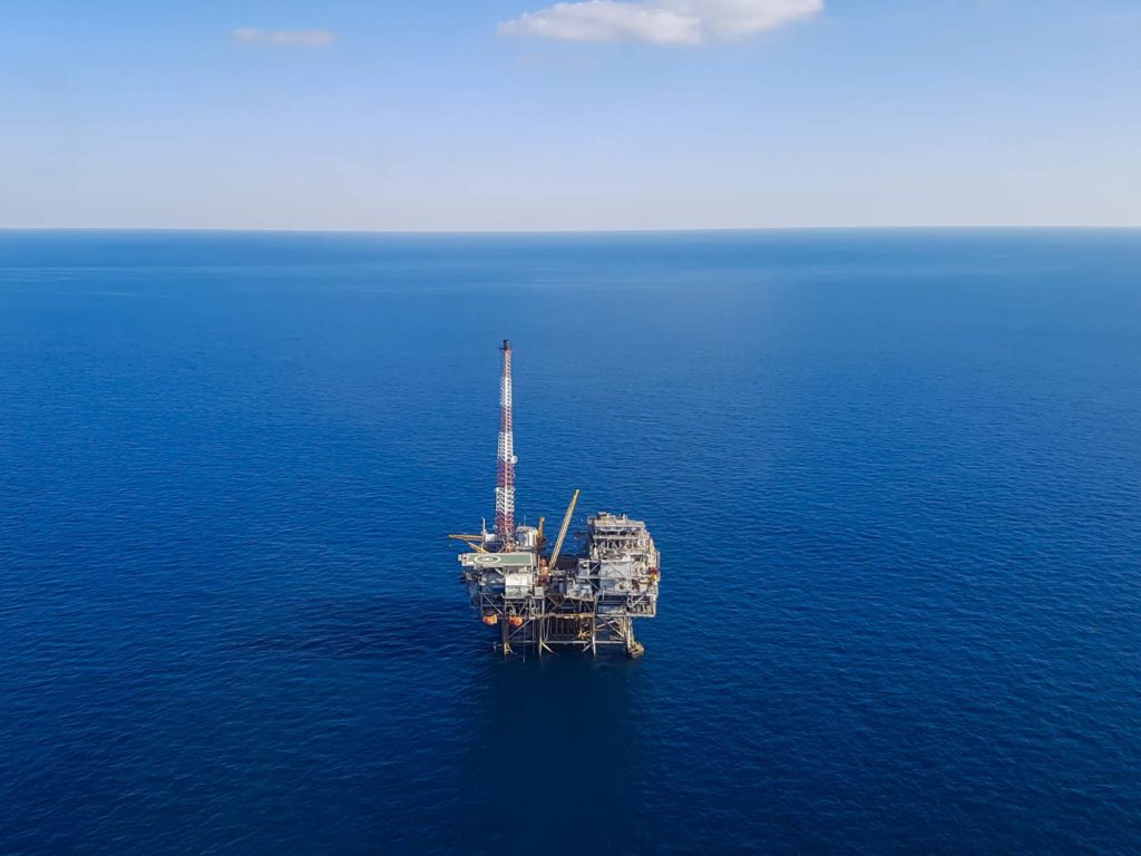 An aerial view of an oil rig in the Gulf of Mexico