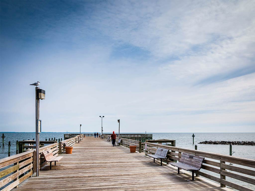 A wooden pier extends into the sea under a partly cloudy sky, evoking the charm of Chesapeake Bay fishing. Benches line the sides, and a few people stroll leisurely. A seagull perches on a lamppost, while the water and horizon stretch endlessly in the background.