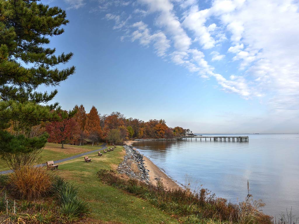 A scenic view of a calm shoreline invites relaxation, with a grassy area, benches, and trees with autumn leaves lining the shore. A wooden pier perfect for casting extends into the water. The sky's partly cloudy, with patches of blue breaking through.