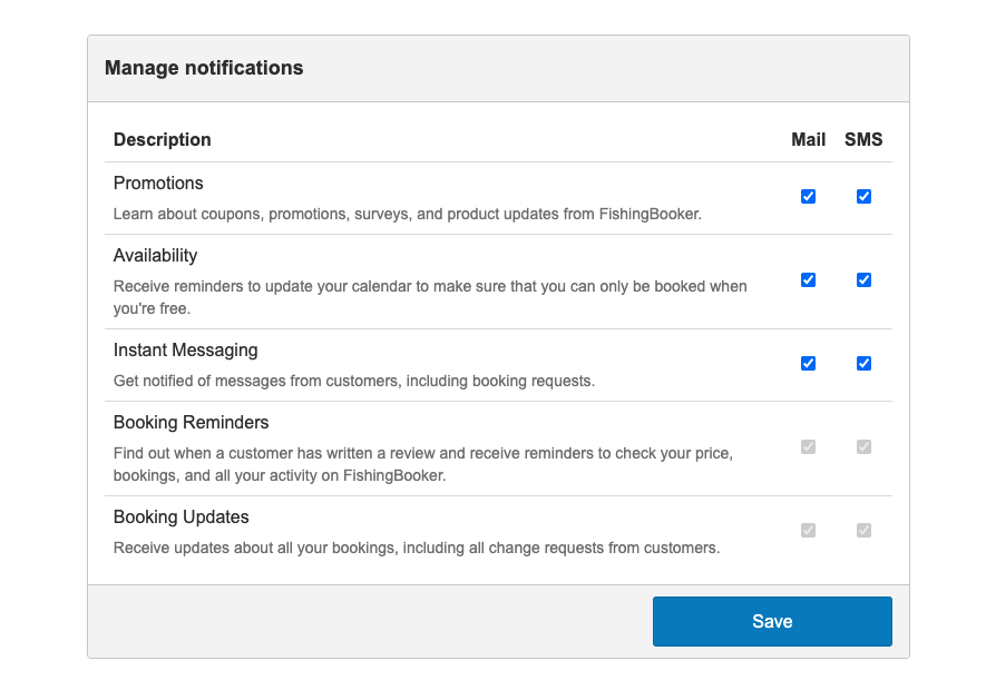an image showing the notification settings available to FishingBooker captains on desktop