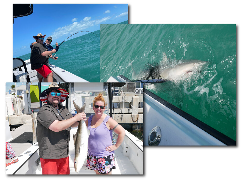 images from a fishing trip in Key West, one with a man and woman holding a Redfish, one with a large Bull Shark, and one with the captain posing while the angler fights the fish