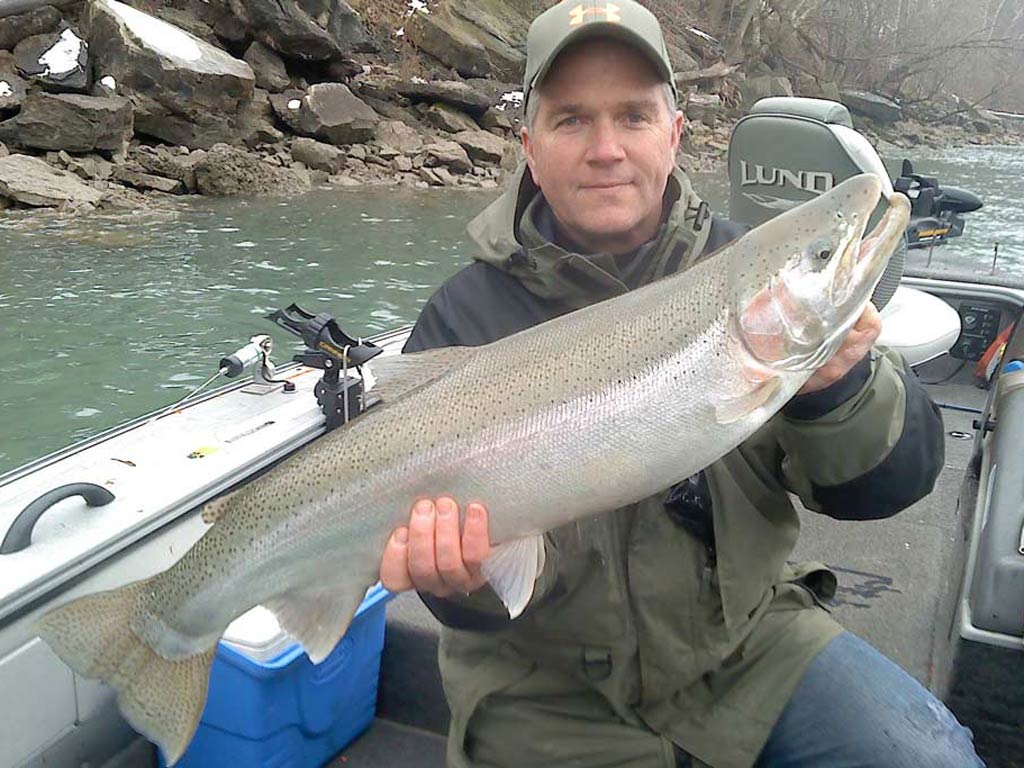 An angler in a hat sitting on a boat on the Niagara River, New York, posing for a photo with a huge Steelhead he caught on a fishing charter, with the river bank behind him.