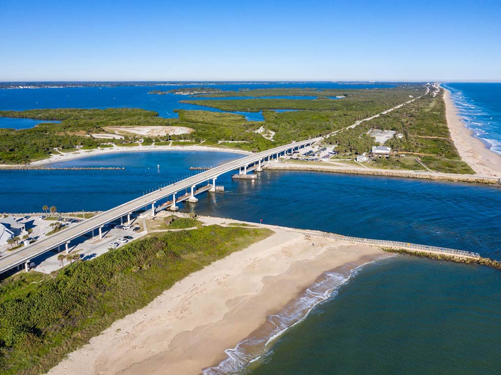 A scenic aerial view of the Sebastian Inlet in Florida as seen on a sunny day