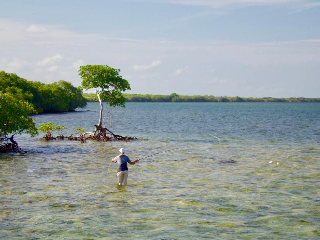 An angler making a cast while fly fishing for Tarpon off Islamorada in the Florida Keys