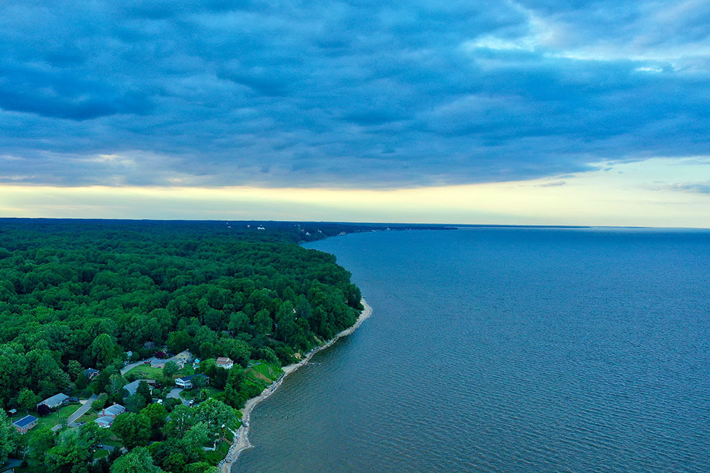 An aerial view of the Chesapeake Bay near Chesapeake Beach MD