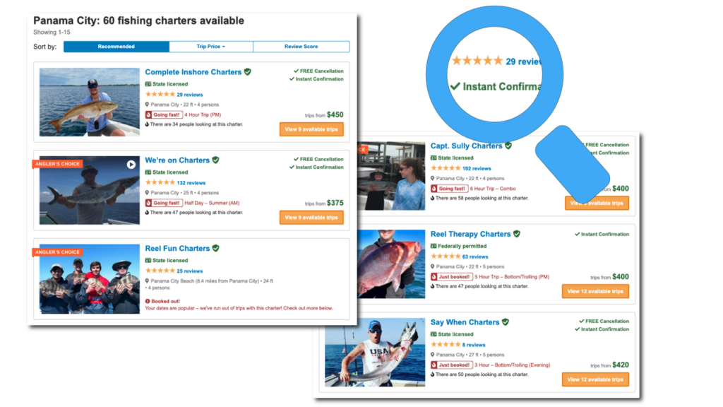 an infographic highlighting two important factors for ranking on FishingBooker: verified reviews and Instan Book status