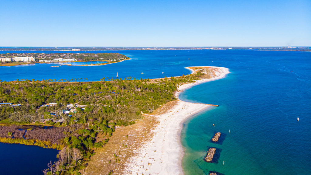 an aerial view of St. Andrew Bay near Panama City, Florida, one of the best Memorial Day Fishing destinations in the US