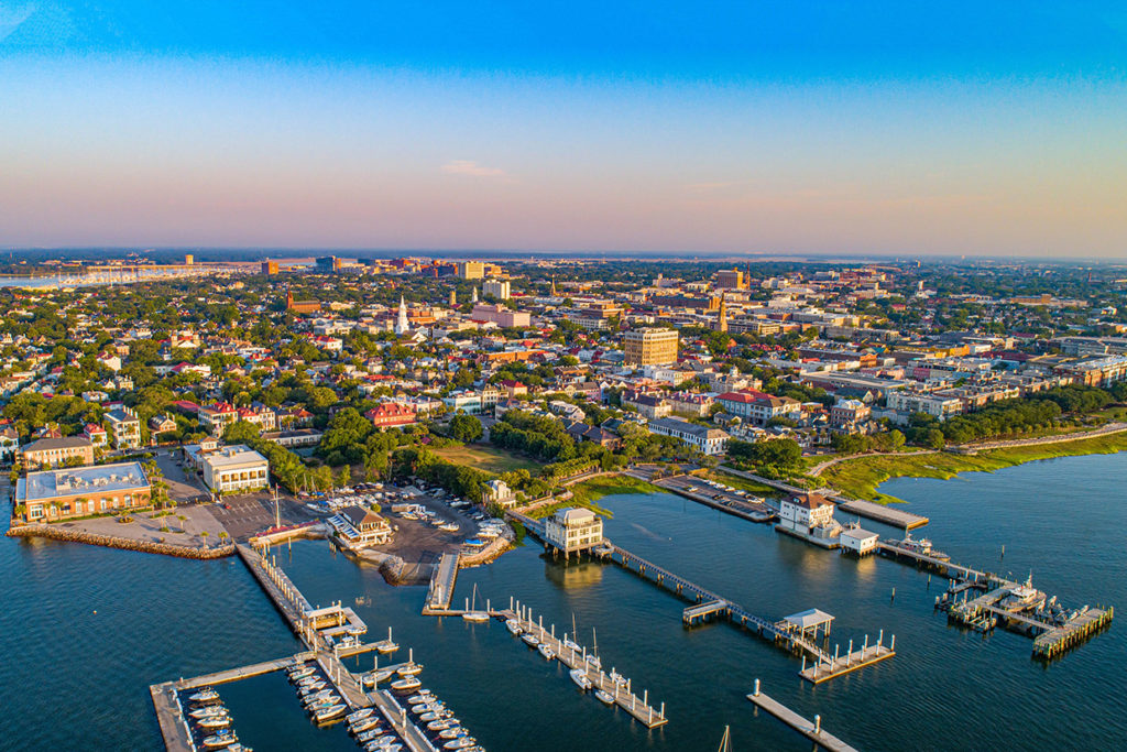 An aerial view of Charleston, South Carolina, with the marina in the foreground