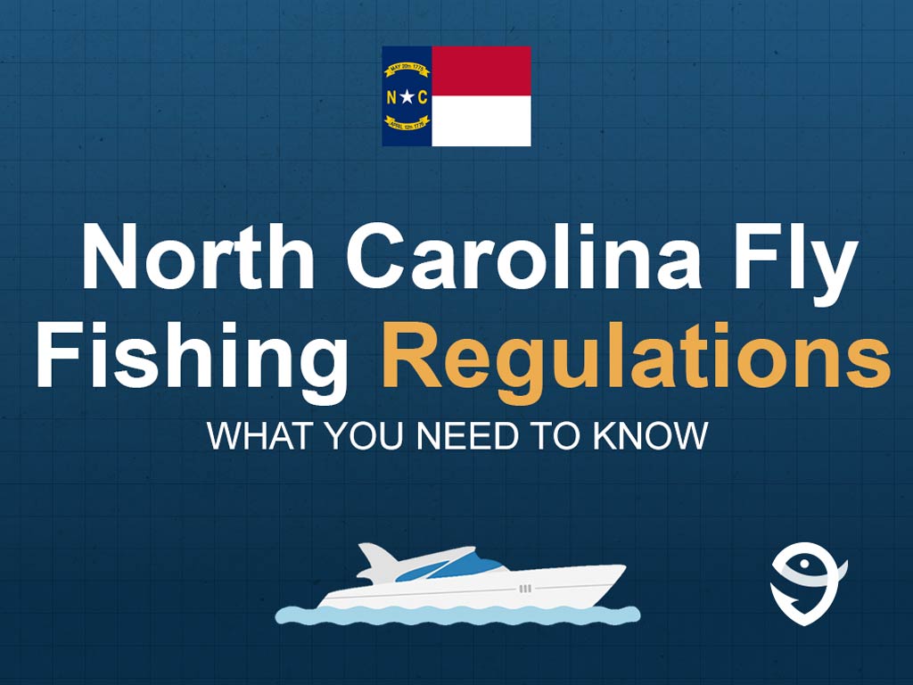 An infographic showing the state flag of North Carolina along with text that says "North Carolina Fly Fishing Regulations What You Need to Know" against the dark blue background and above a vector of a boat and a FishingBooker logo