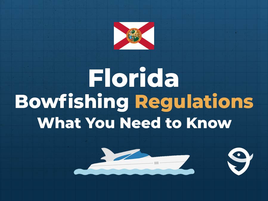 An infographic with the Florida state flag and a boat either side of text stating "Florida Bowfishing Regulations – All You Need to Know" against a blue background