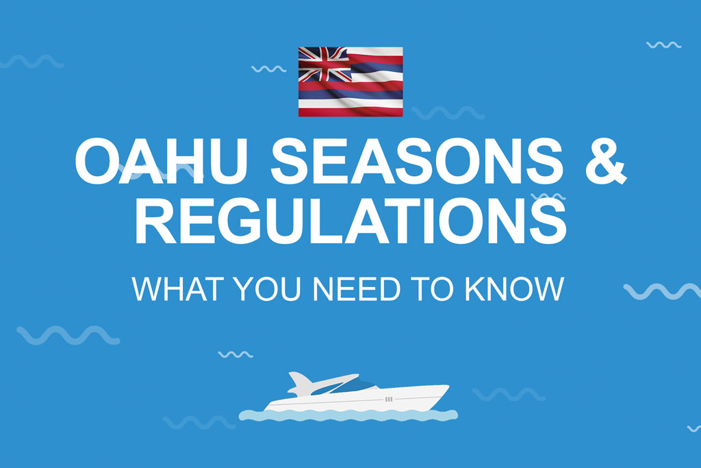 Infographic with text "Oahu Seasons & Regulations: What You Need to Know", image of a boat, blue background, and the Hawaii state flag