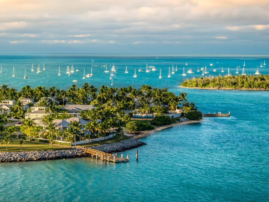 Panoramic sunrise landscape view of Sunset Key and Wisteria Island within the Island of Key West, Florida Keys