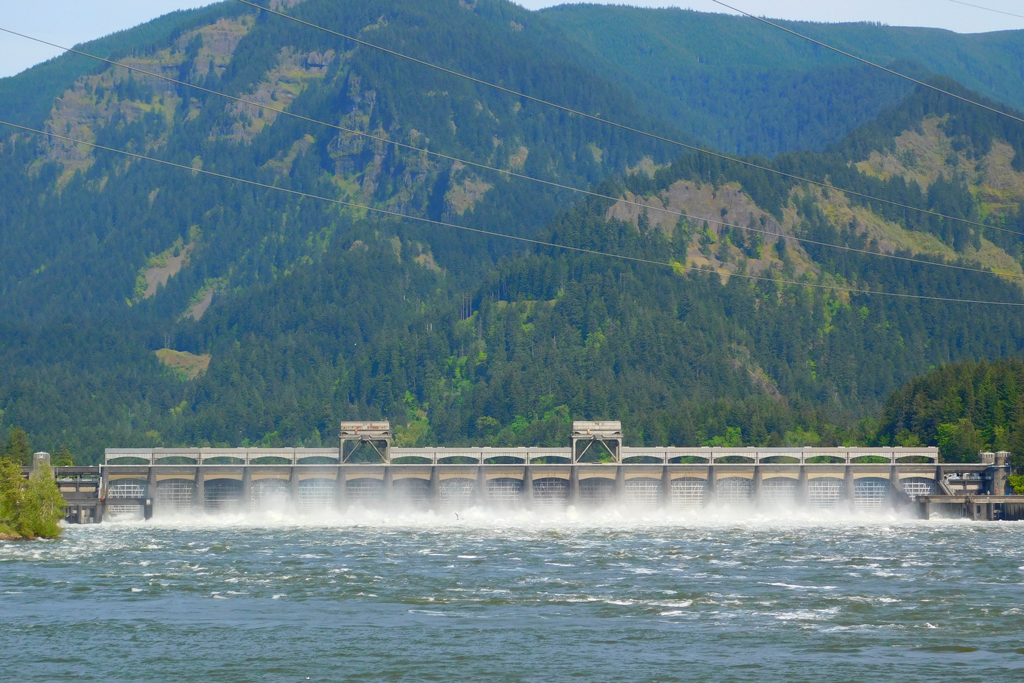 A straight-on view of the Bonneville Dam with the mountain in the background and the river in the foreground
