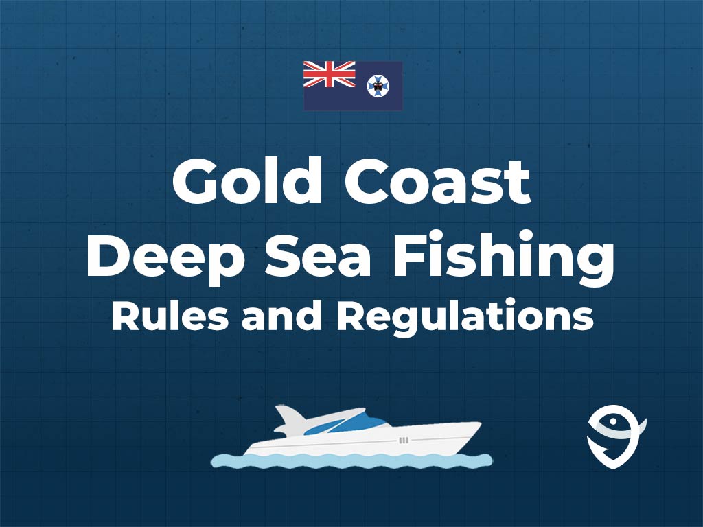 An infographic showing the state flag of Queensland along with text that says "Gold Coast Deep Sea Fishing Rules and Regulations" against a dark blue background and above a vector of a boat and the FishingBooker logo