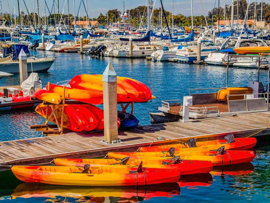 Rental kayaks tethered at the dock