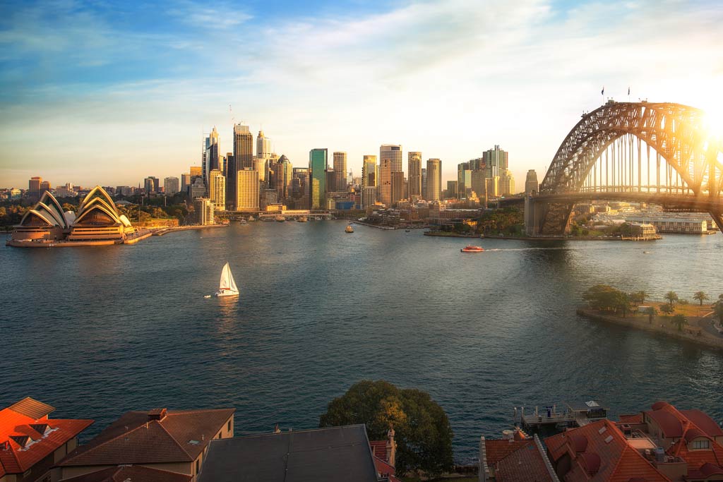 The cityscape of Sydney at sunset