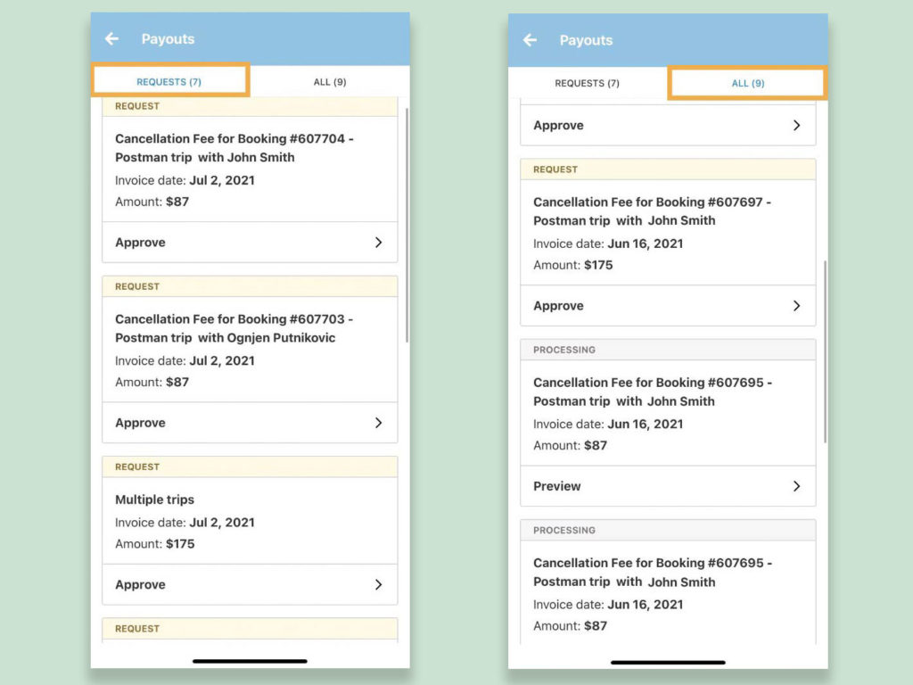 Two screens showing outstanding and all payouts in the My Trips app with the words "Requests" and "All" surrounded by an orange box