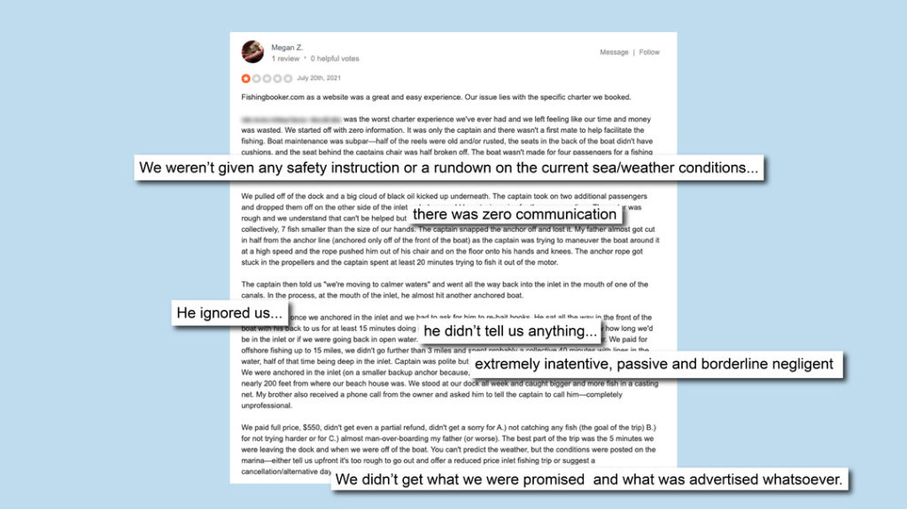 a negative customer review about a fishing guides behavior and inattentiveness