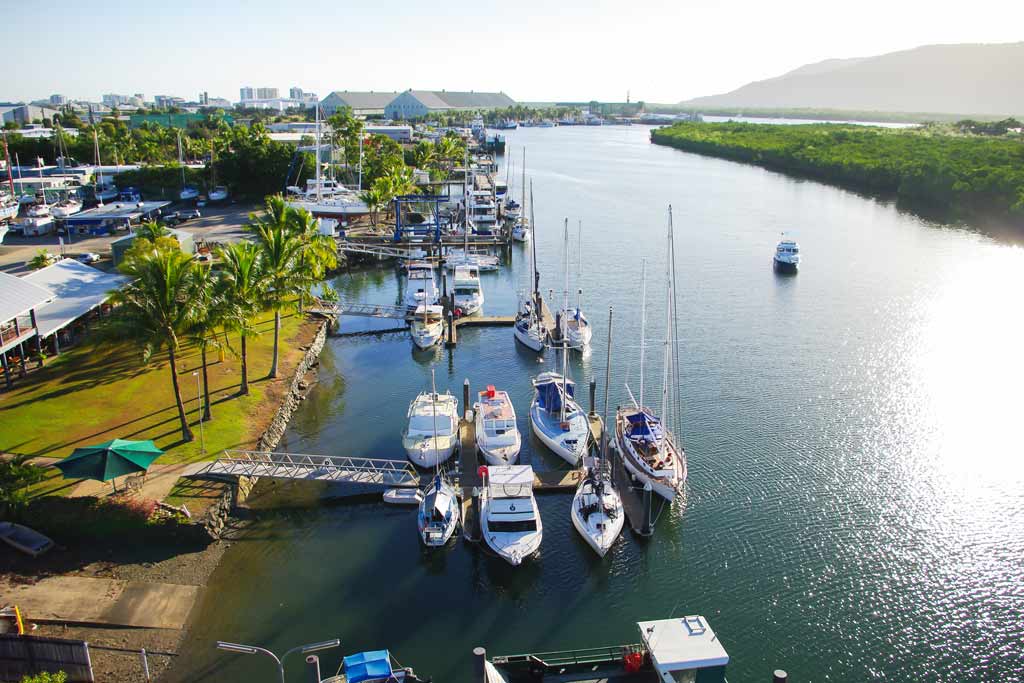 An elevated view of a marina in Cairns
