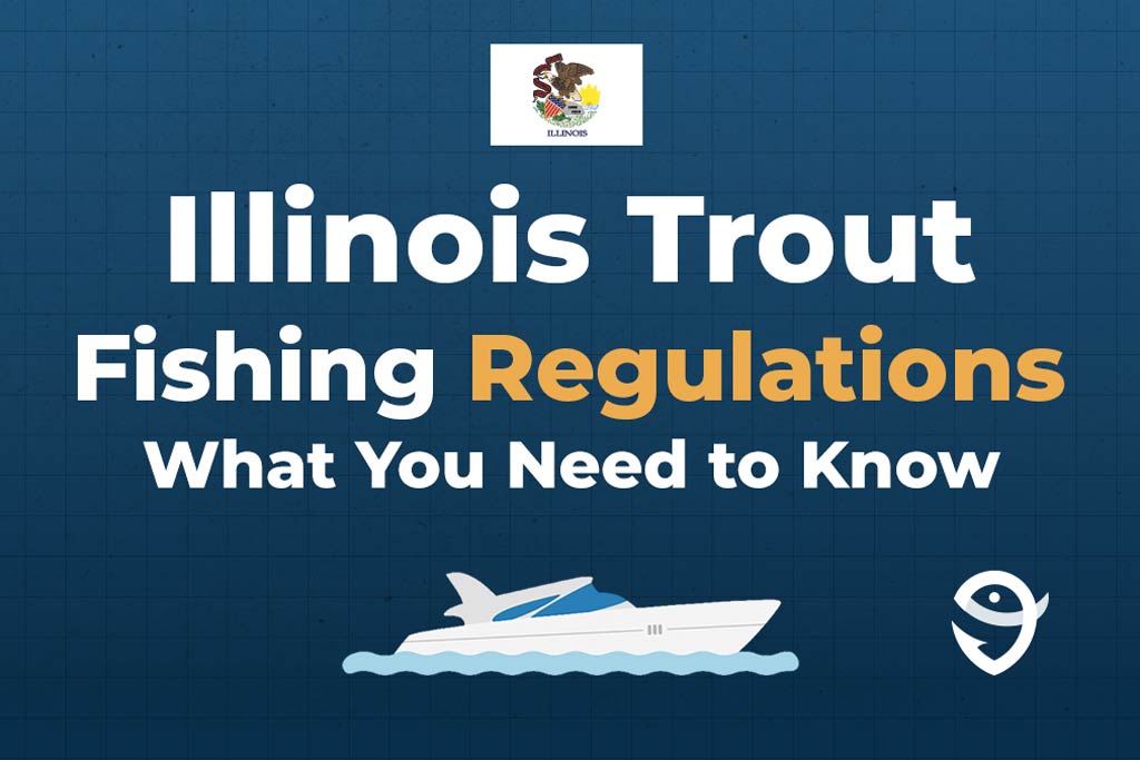 An infographic showing the state flag of Illinois along with text that says "Illinois Trout Fishing Regulations What You Need to Know" against a dark blue background and above a vector of a boat and the FishingBooker logo