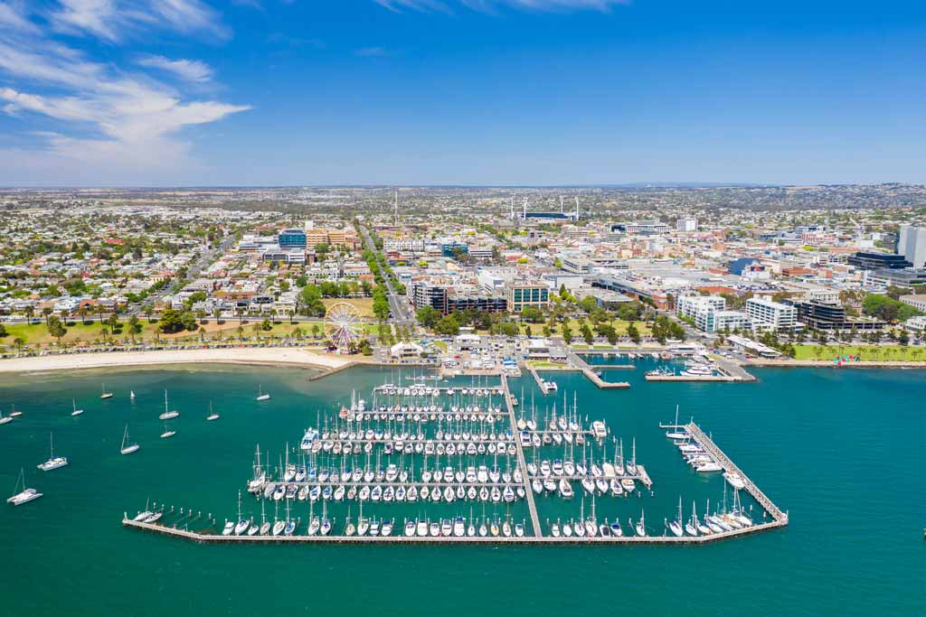 An aerial view of a marina in Victoria