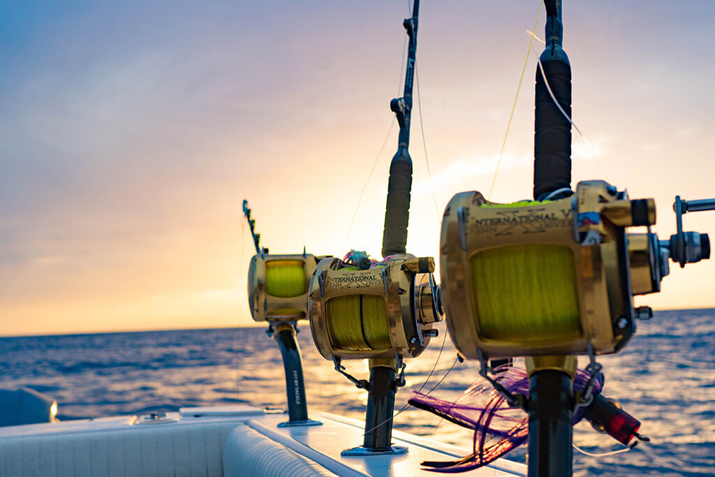 Three heavy trolling rods on the side of a charter boat, with the ocean and the sunrise in the distance