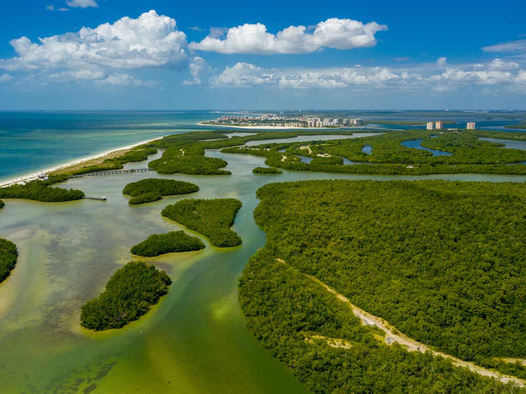 An aerial view of Lovers Key State Park in Bonita Springs, Florida.