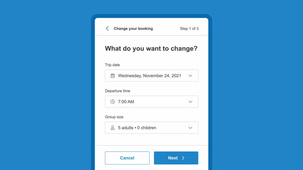 A mobile phone set against a blue background displays the Change Booking page on FishingBooker