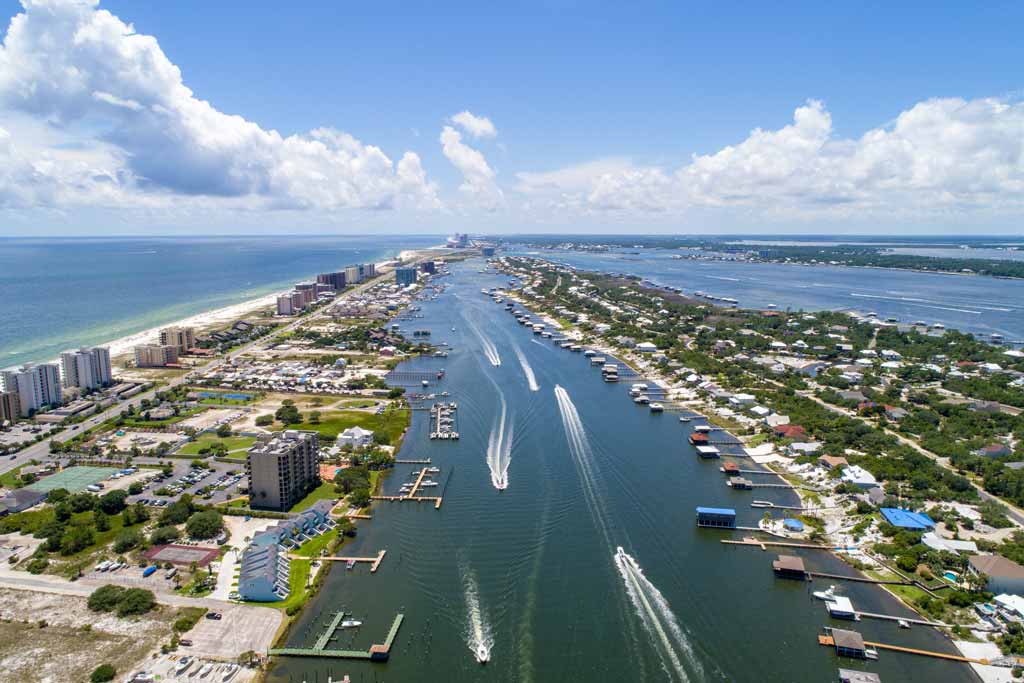 An aerial view of Orange Beach and Perdido Pass