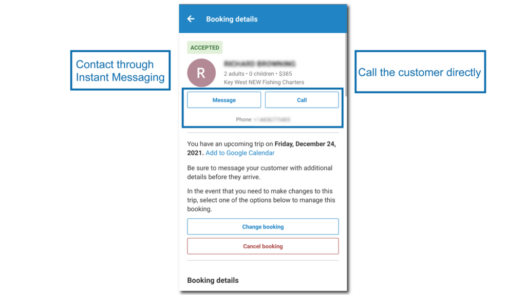 an image showing how FishingBooker captains can contact their customers through their booking details screen on their app