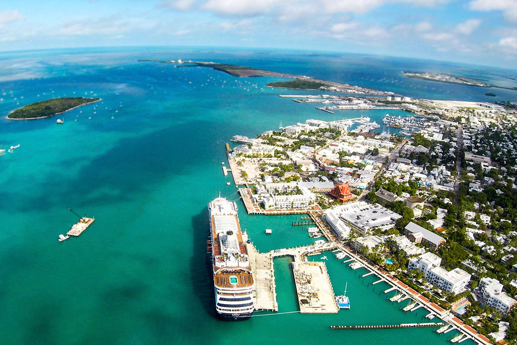 An aerial view of Key West showing the cityscape and the water