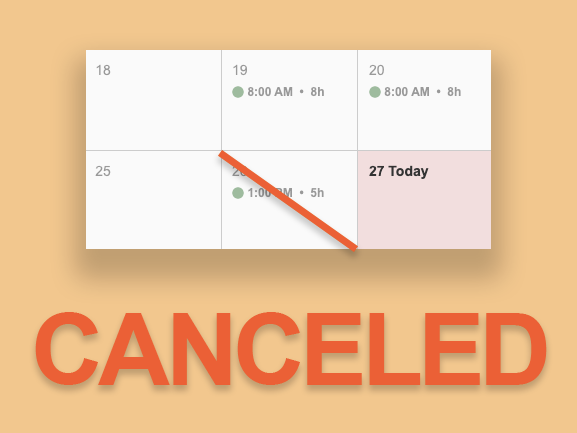 Calendar showing the previous date crossed out due to a canceled trip