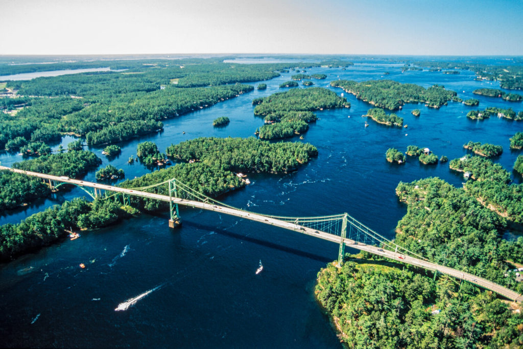 An aerial image of Thousand Islands, Ontario, Canada.