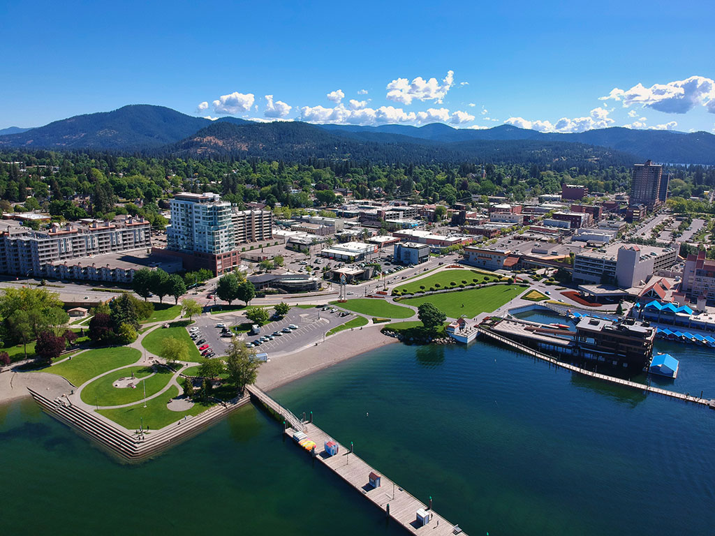 An aerial view of the Coeur d'Alene with a park and pier in the foreground 