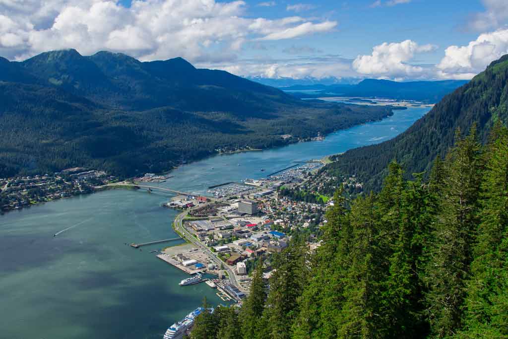 An aerial view of Juneau and surrounding water