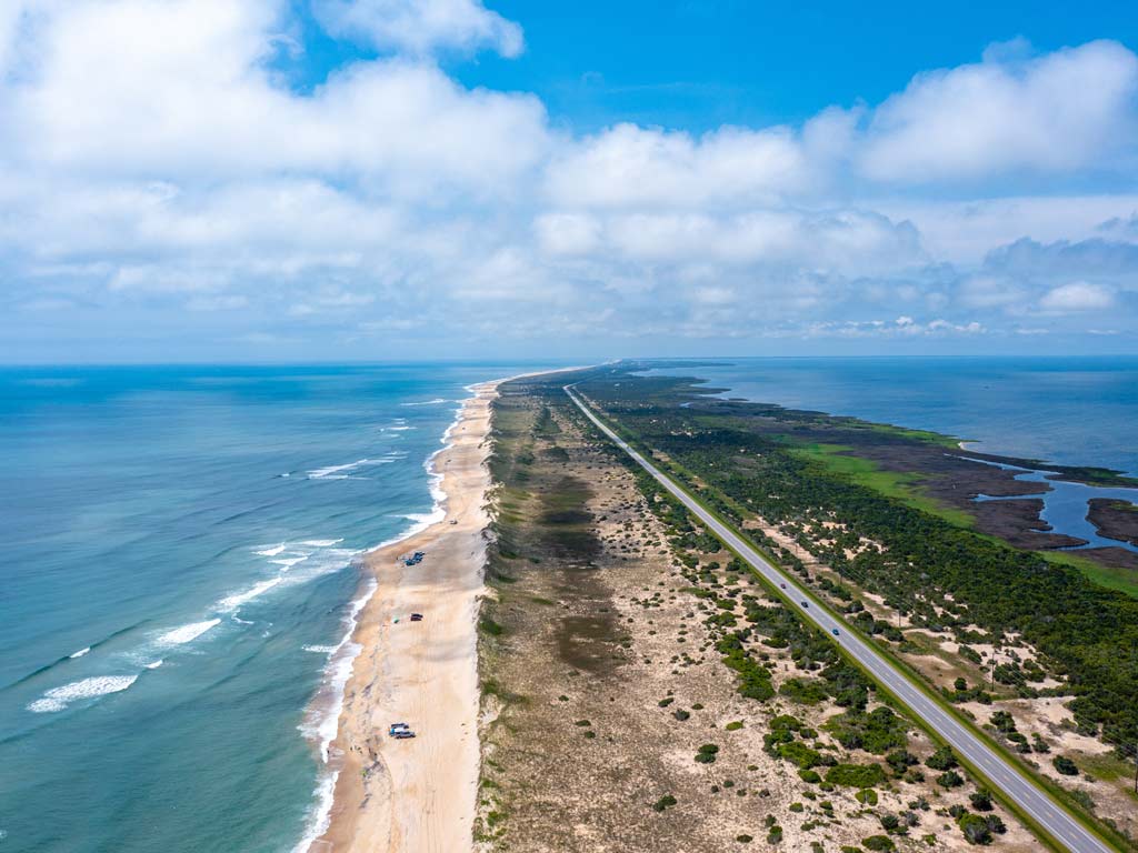 An aerial view of Hatteras Island in Outer Banks, NC.