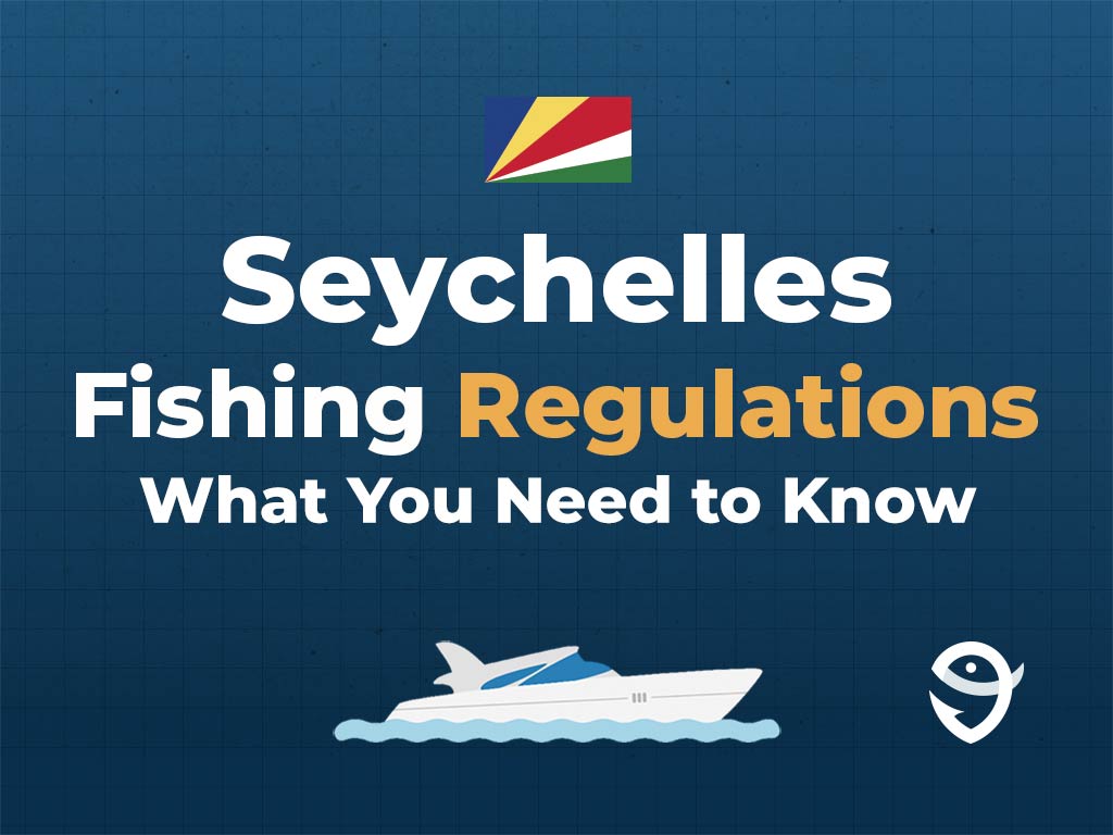 An infographic featuring the flag of the Seychelles above text saying "Seychelles Fishing Regulations, What You Need to Know" above a vector of a boat and the FishingBooker logo against a blue background.