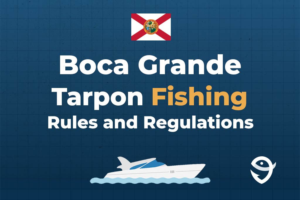 An infographic showing the state flag of Florida along with text that says "Boca Grande Tarpon Fishing Regulations" against a dark blue background and above a vector of a boat and a FishingBooker logo
