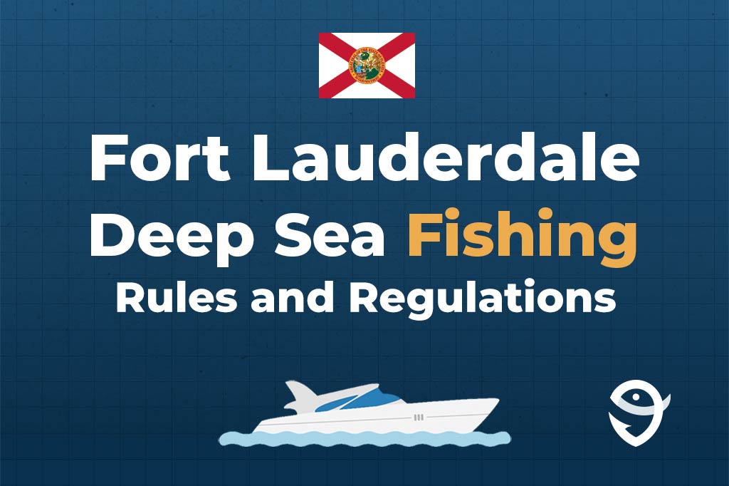 An infographic showing the state flag of Florida along with text that says "Fort Lauderdale Fishing Rules and Regulations" against a dark blue background and above a vector of a boat and the FishingBooker logo
