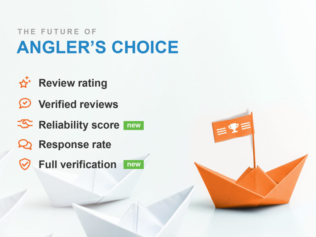 An infographic image highlighting the future of Angler's Choice which includes review rating, verified reviews, reliability score, response rate, and full verification