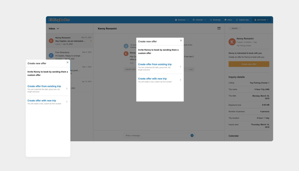 A screenshot of a screen allowing captains to create a new offer for customers with a pop-out screen on the right-hand side
