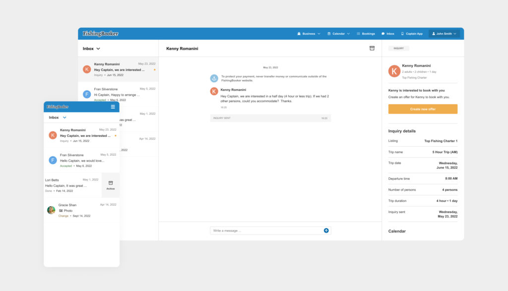 A screenshot showing the latest Instant Messaging flow on FishingBooker with a pop-out screen