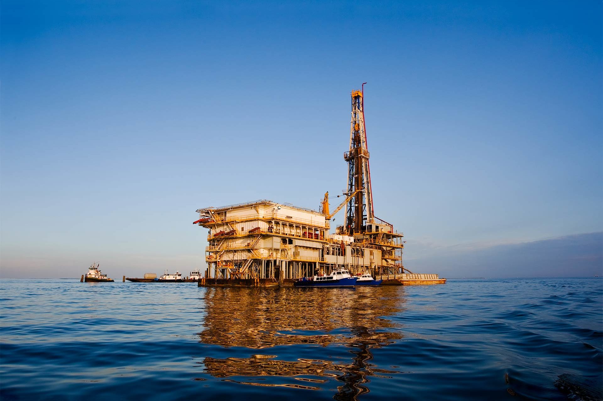 A view of an oil rig offshore from Galveston, Texas