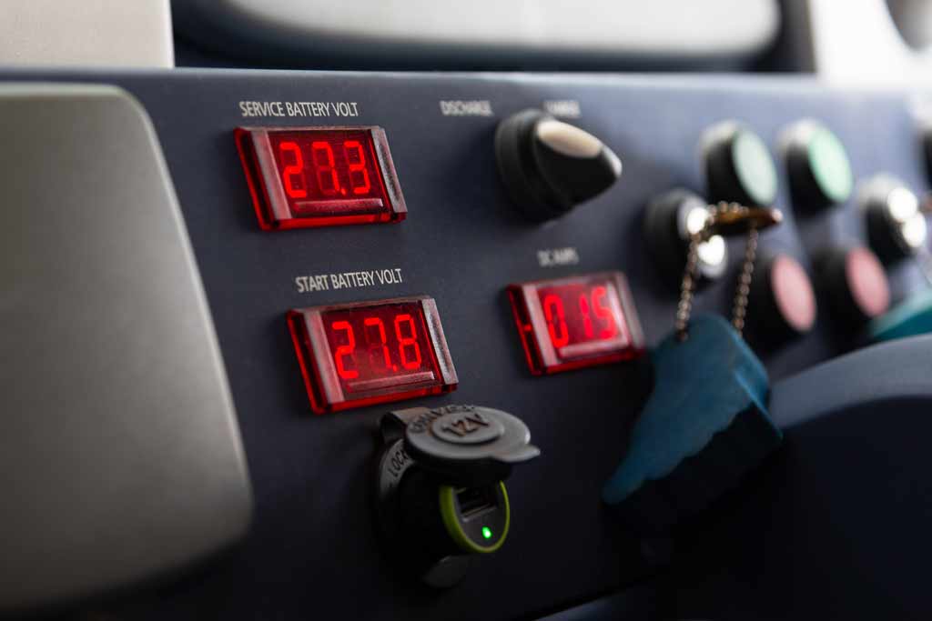A close-up of an instrument panel on a boat