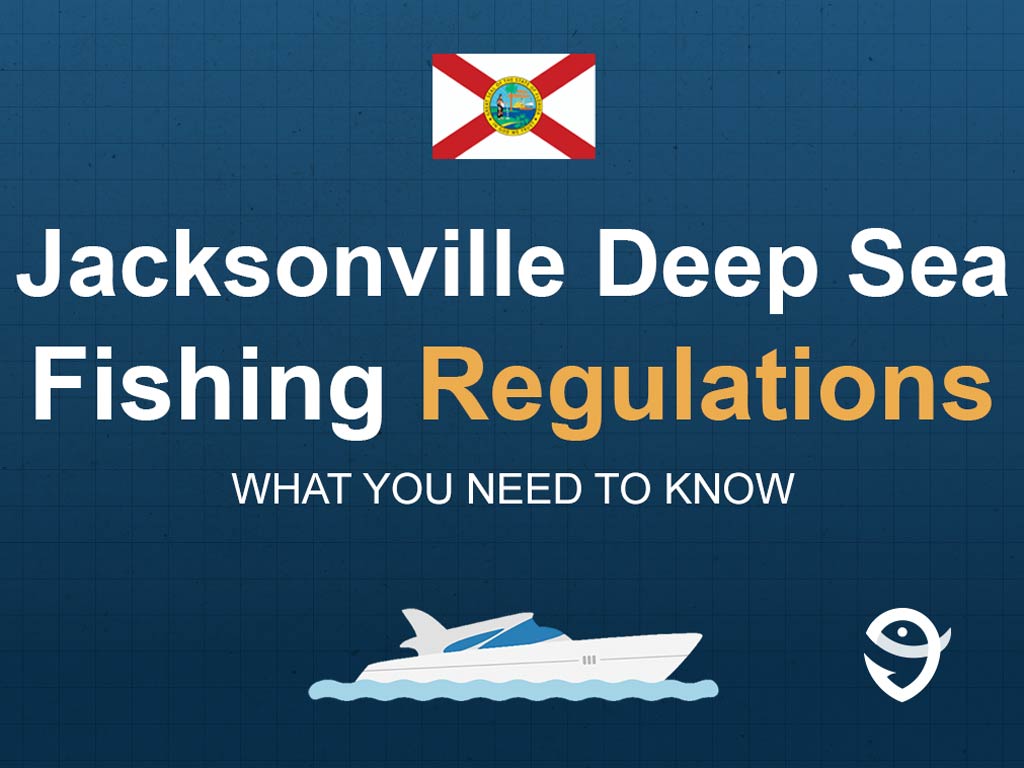 An infographic showing the state flag of Florida along with text that says "Jacksonville Deep Sea Fishing Regulations What You Need to Know" against the dark blue background and above a vector of a boat and a FishingBooker logo