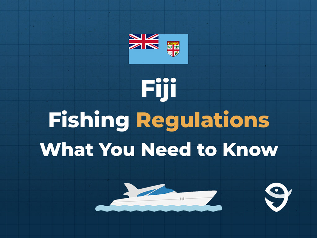 An infographic template featuring the flag of Fiji along with text that says "Fiji Fishing Regulations What You Need to Know" against a dark blue background