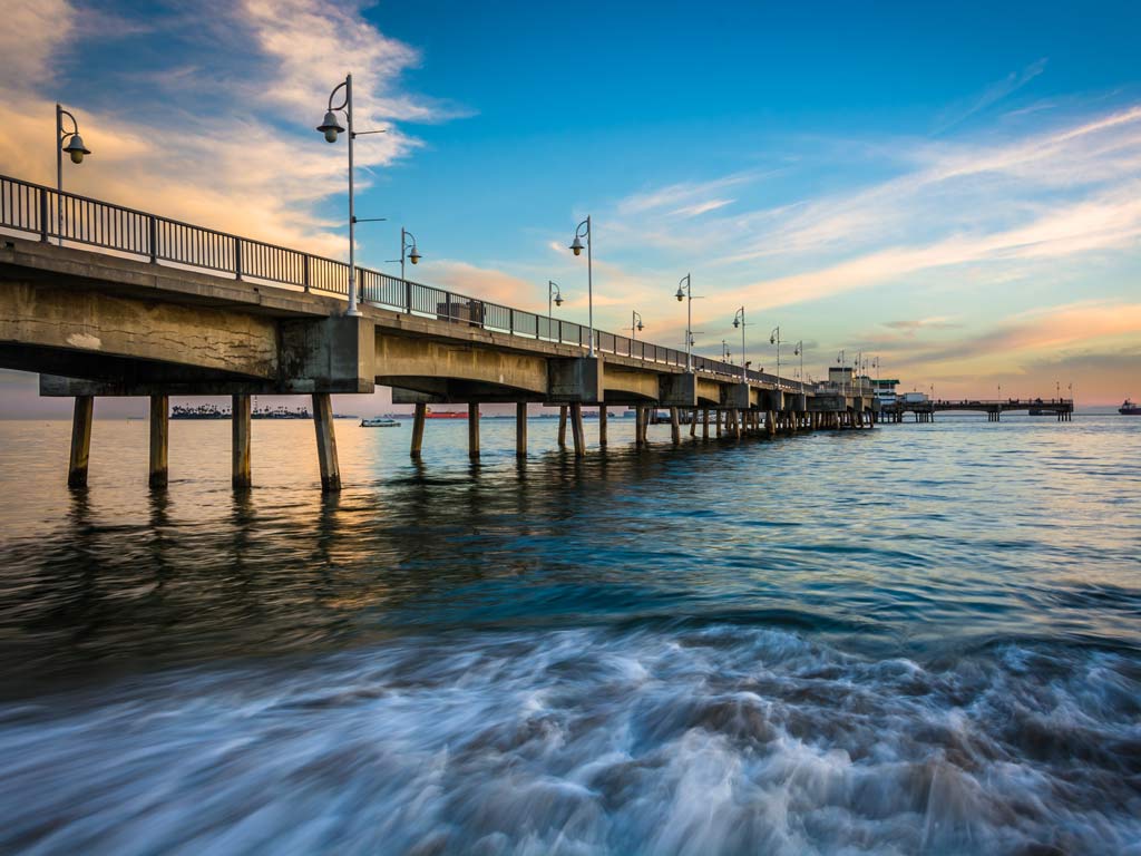A view of the ocean from a beach near Belmont Pier.