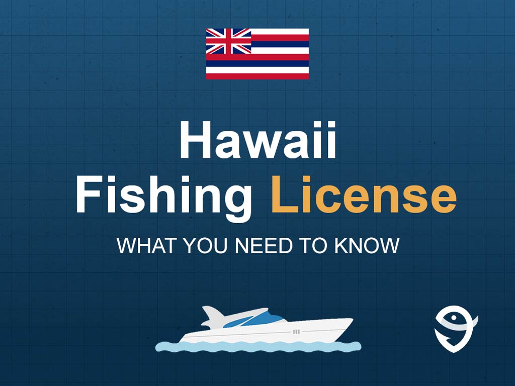 An infographic showing the state flag of Hawaii along with text that says "Hawaii Fishing License What You Need to Know" against the dark blue background and above a vector of a boat and a FishingBooker logo