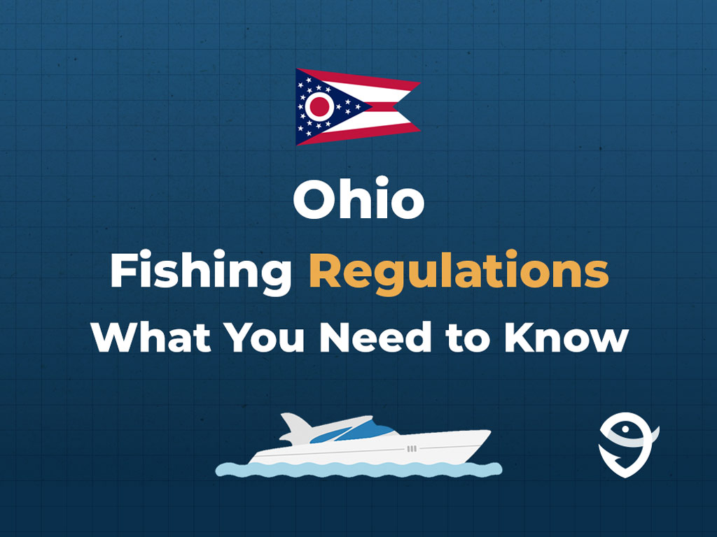 An infographic showing the flag of Ohio and text that says "Ohio Fishing Regulations What You Need to Know" against a dark blue background.