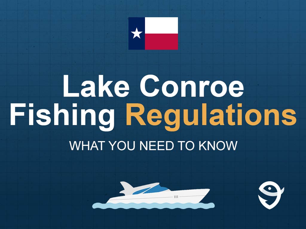 An infographic showing the state flag of Texas along with text that says "Lake Conroe fishing regulations what you need to know" against a dark blue background.